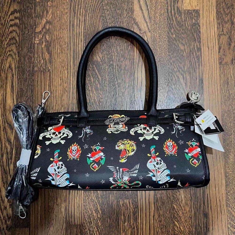 ed hardy tattoo multi-print baguette shoulder bag purse